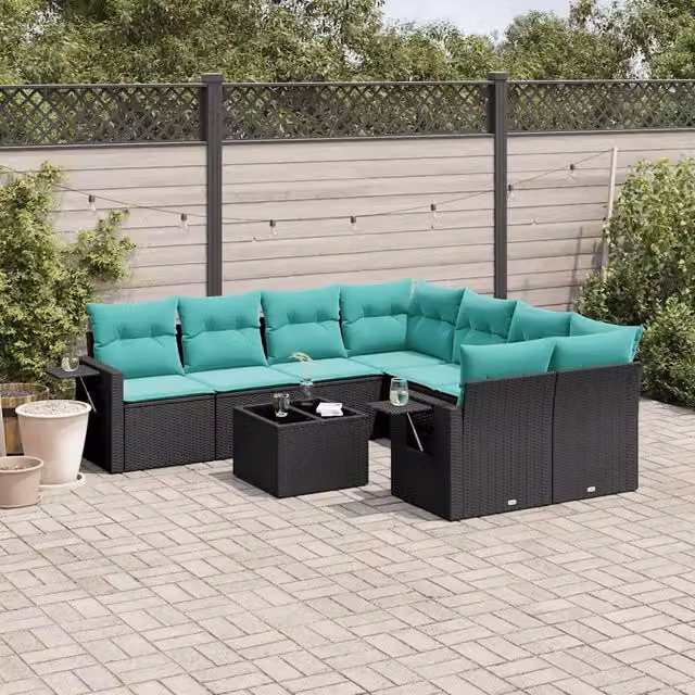 Set Divani da Giardino 9 pz con Cuscini Nero in Polyrattan 3219956
