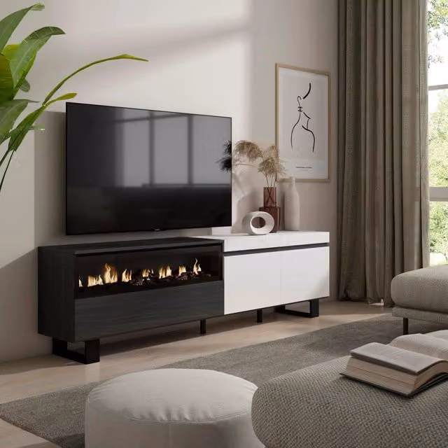 Mobile TV, 200x35x57cm, soggiorno, Per TV fino a 80", Camino elettrico, Design industriale, Bianco e nero RF2200
