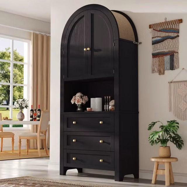 Credenza alta con 3 cassetti ante arcuate vano espositivo e maniglie in metallo MDF nero 70 × 35 × 180 cm