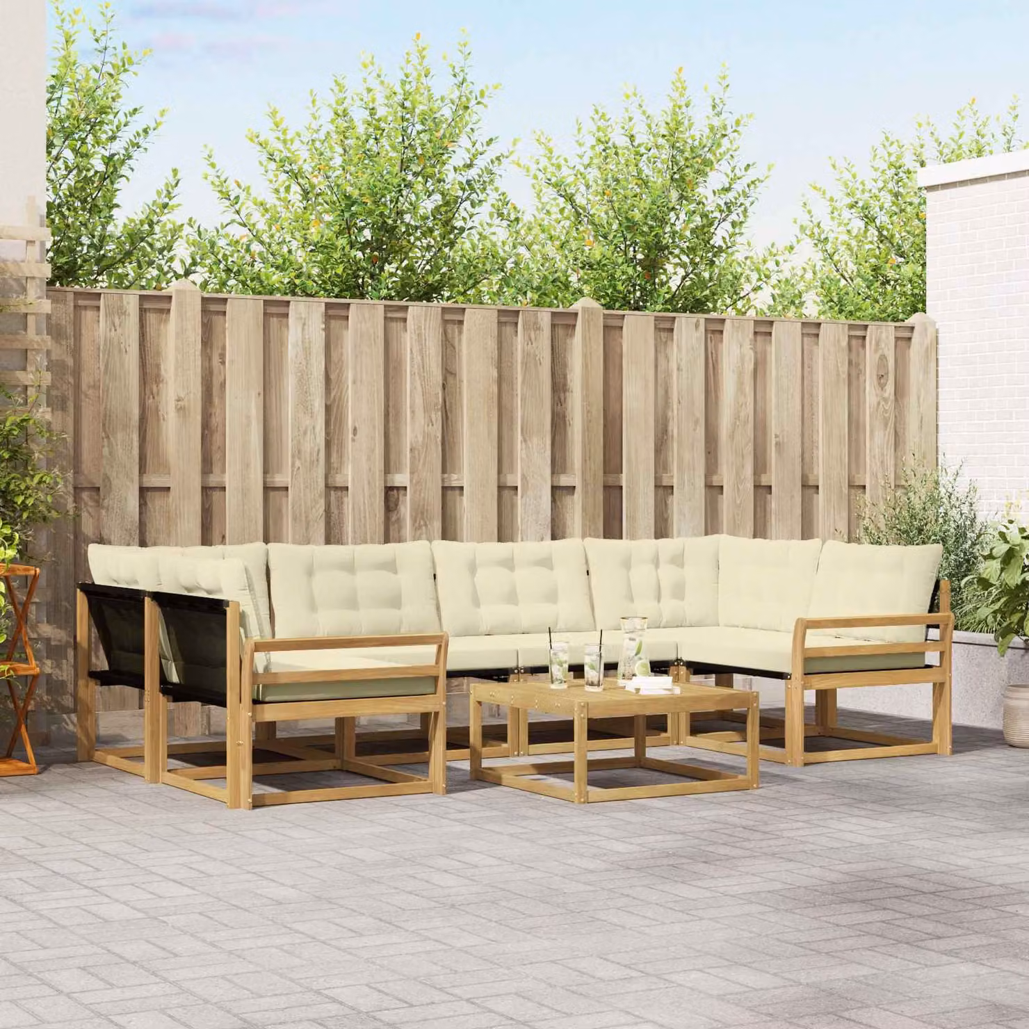 Set di divani da esterno vidaXL 7 pezzi in legno di acacia con cuscini Bianco e Beige