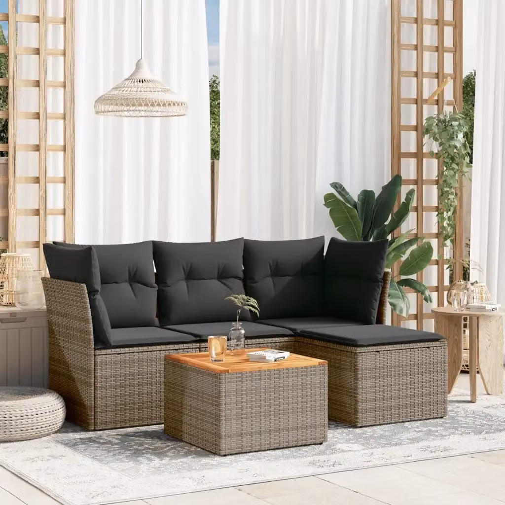 Set Divano da Giardino 5 Pezzi a Forma di L con Tavolino e Ottoman in Polyrattan Grigio e Telaio in Metallo – 2