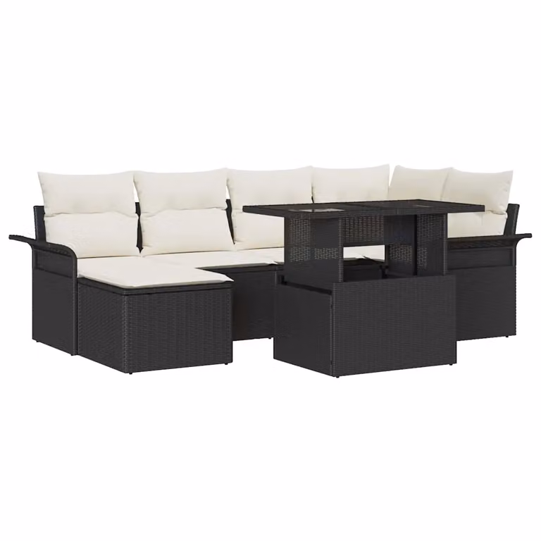 Set Divano da Giardino vidaXL 7 Pezzi Moderno in Rattan con Cuscini Beige e Struttura in Acciaio Nero