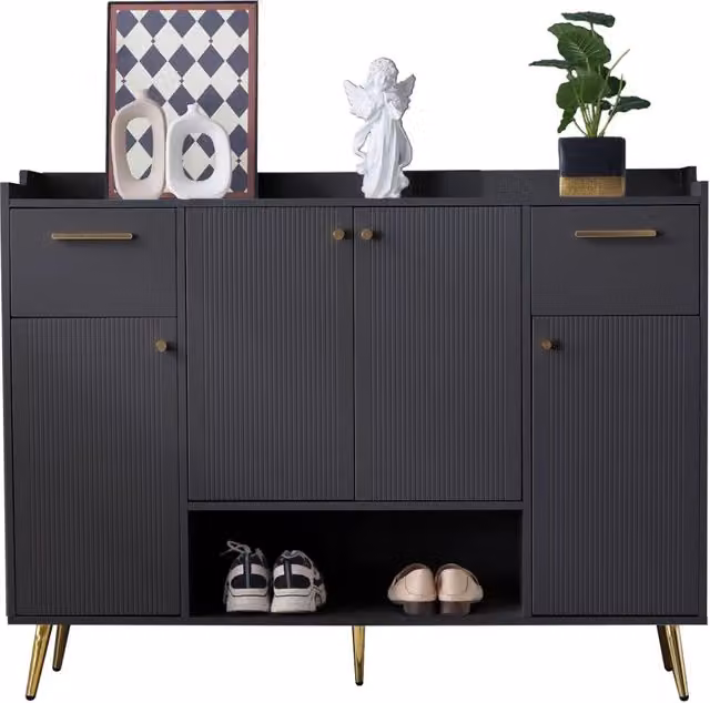 Scarpiera con 2 cassetti, 4 ante e vano aperto, piedi alti, per ingresso, in truciolare nero, 130 × 37 × 100 cm