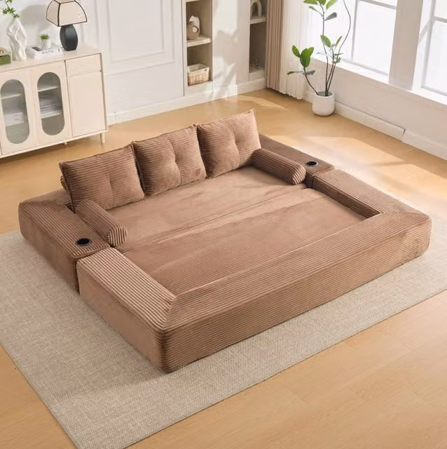 Divano letto modulare in velluto a coste marrone 232x98 cm con portabevande HOMVRA