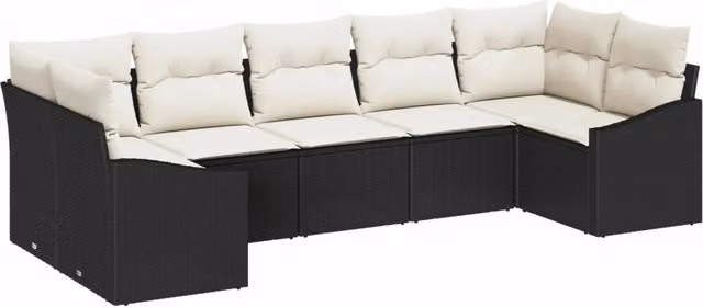 Set Divano da Giardino Moderno vidaXL a Forma di L con 7 Pezzi, Colore Nero e Beige, Struttura in Metallo e Polyrattan con Cuscini Inclusi