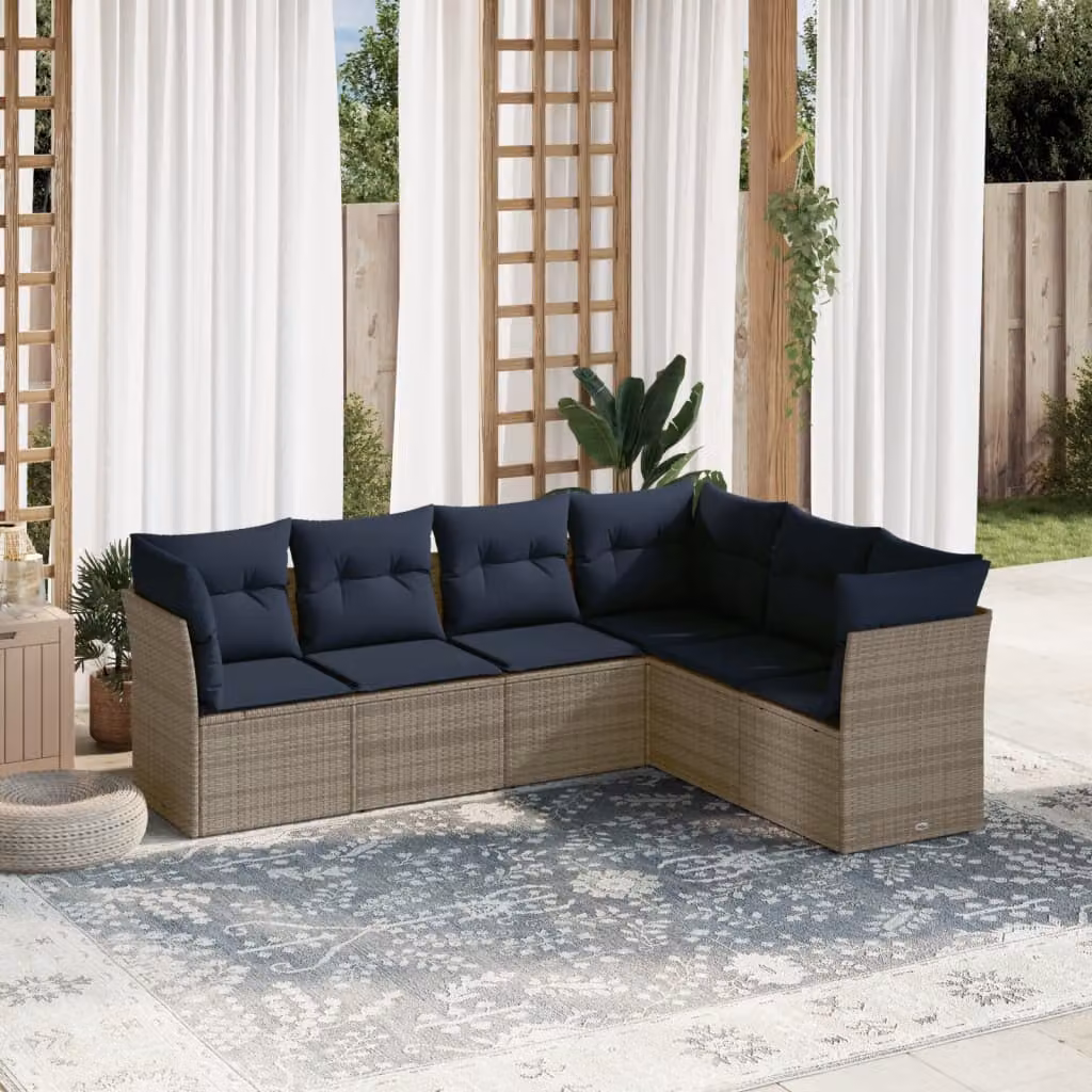 Set di divani da giardino vidaXL a forma di L composto da 6 pezzi in polyrattan con cuscini grigi e blu e struttura in metallo