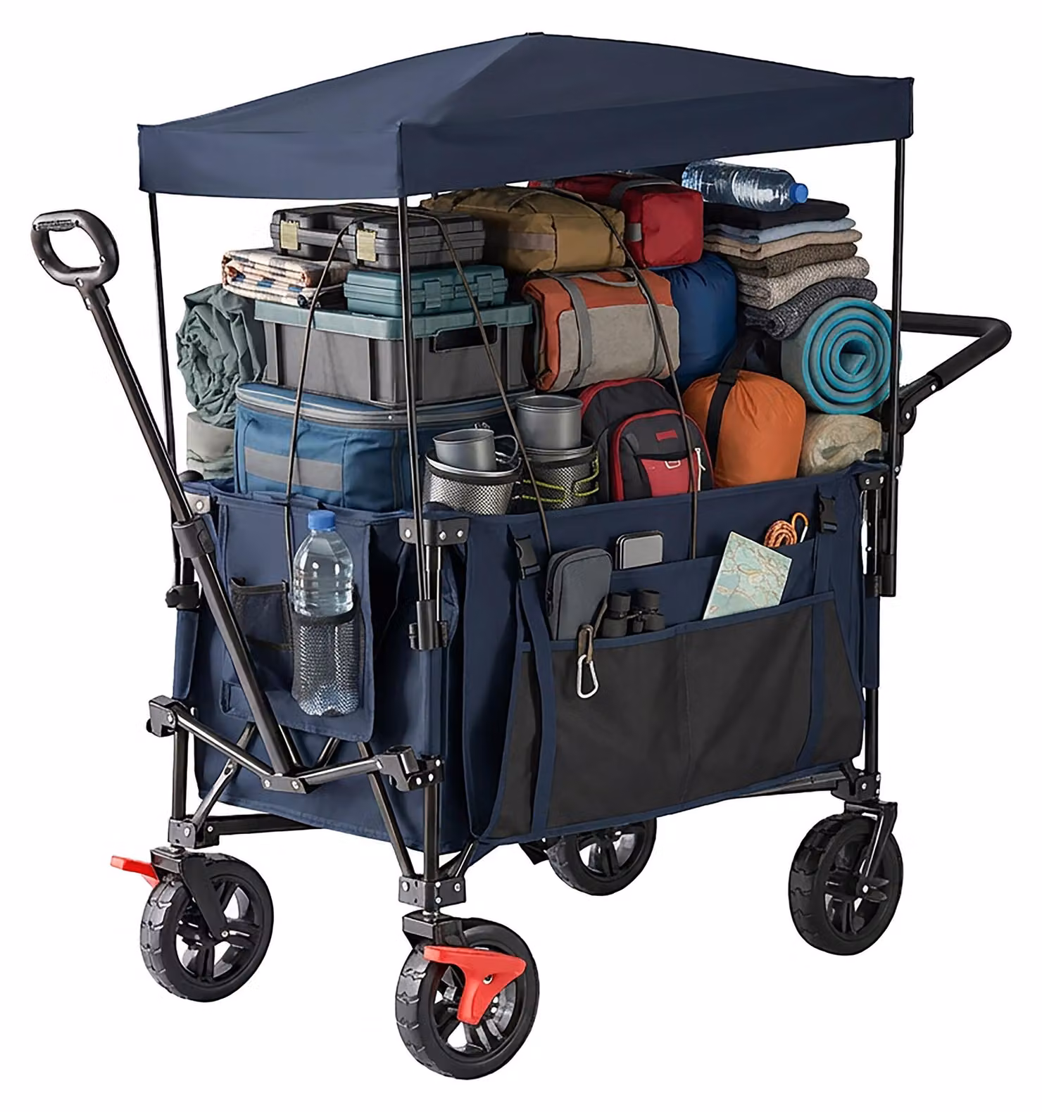 Carretto pieghevole Relaxdays, 150 kg, tettuccio, maniglia telescopica e di spinta, ruote in gomma con freno, carrello da trasporto, blu