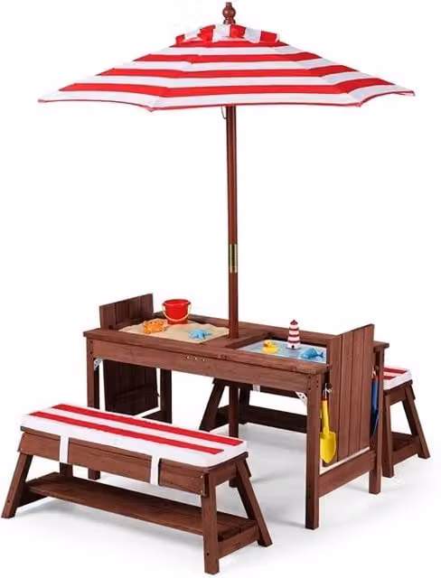 Set tavolo da picnic per bambini in legno di pino rosso con ombrellone regolabile in altezza per giardino e esterno – 1