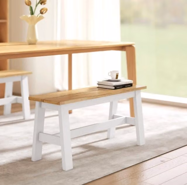 Panca 2 posti 95x30x45 cm bianco e rovere, barra stabilizzatrice, in legno di hevea