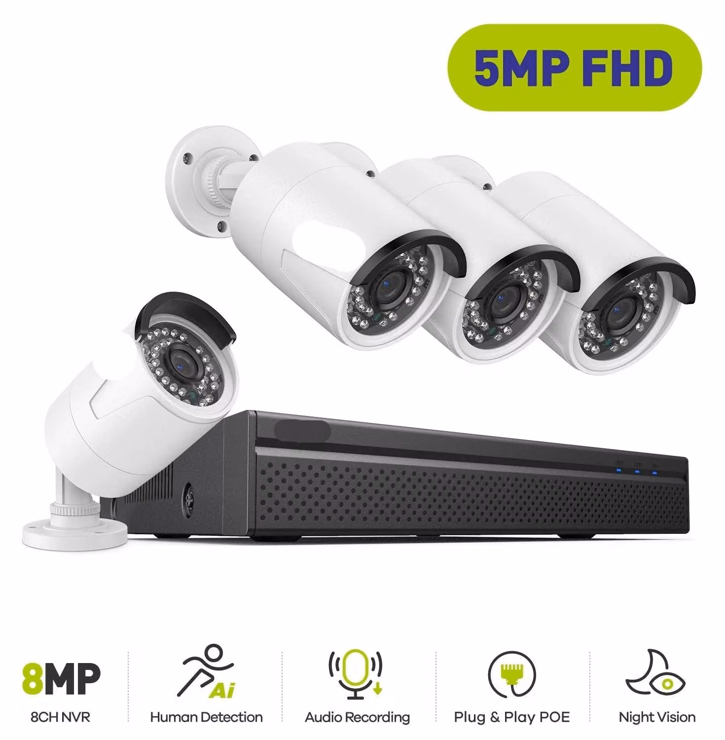 Sistema di videosorveglianza - Kit di telecamere PoE - Registratore NVR a 8 canali - 4 telecamere - Include hard disk da 1TB