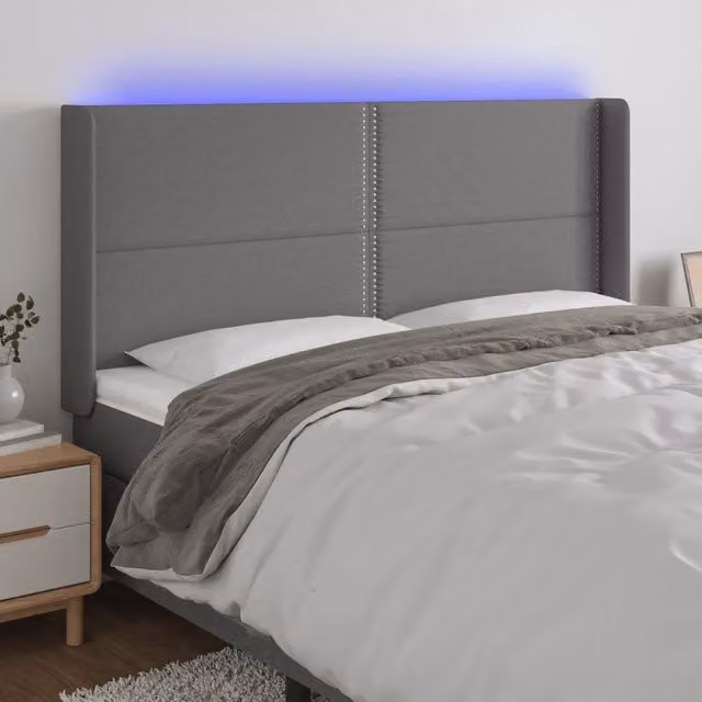 Testiera con LED Design Mania in tessuto grigio scuro con porta USB e luce di lettura L 203 cm x P 16 cm x H 118/128 cm