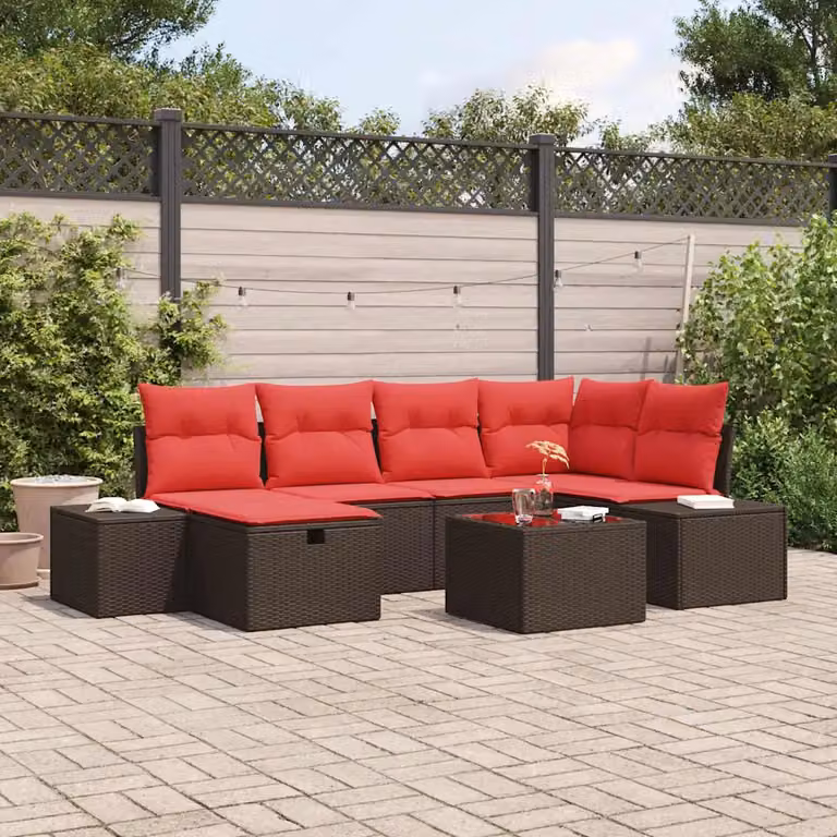 Set Divano da Giardino vidaXL 7 Pezzi a Forma di L con Tavolino e Pouf, Colore Marrone e Rosso, Struttura in Metallo e Polyrattan Resistente alle Intemperie