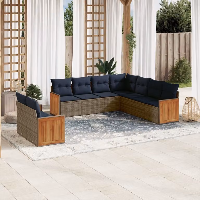 Set Divani da Giardino vidaXL 9 pz a Forma a U in Polyrattan con Cuscini e Rivestimenti Rimovibili Grigio