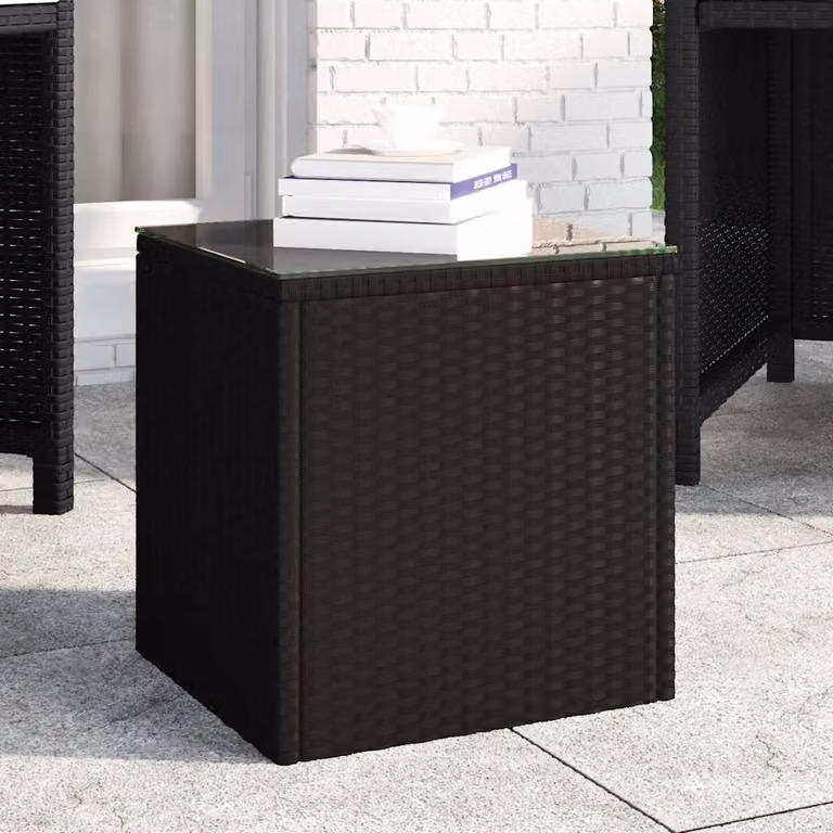 Tavolino da giardino moderno vidaXL in polyrattan e vetro temperato nero L/P/H: 40 x 37 x 40,5 cm