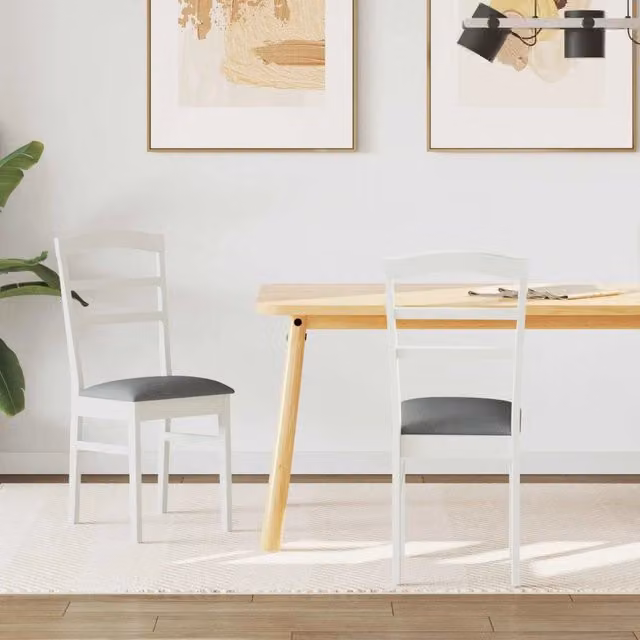 Set di 2 sedie da pranzo vidaXL in legno di gomma con seduta in tessuto, colori bianco e grigio