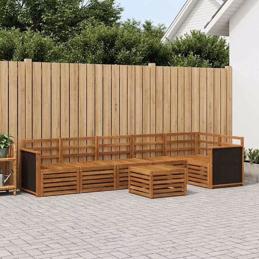 vidaXL Set di divani da esterno a L composto da 6 pezzi in legno di acacia con cuscini bianchi e tavolo da caffè marrone