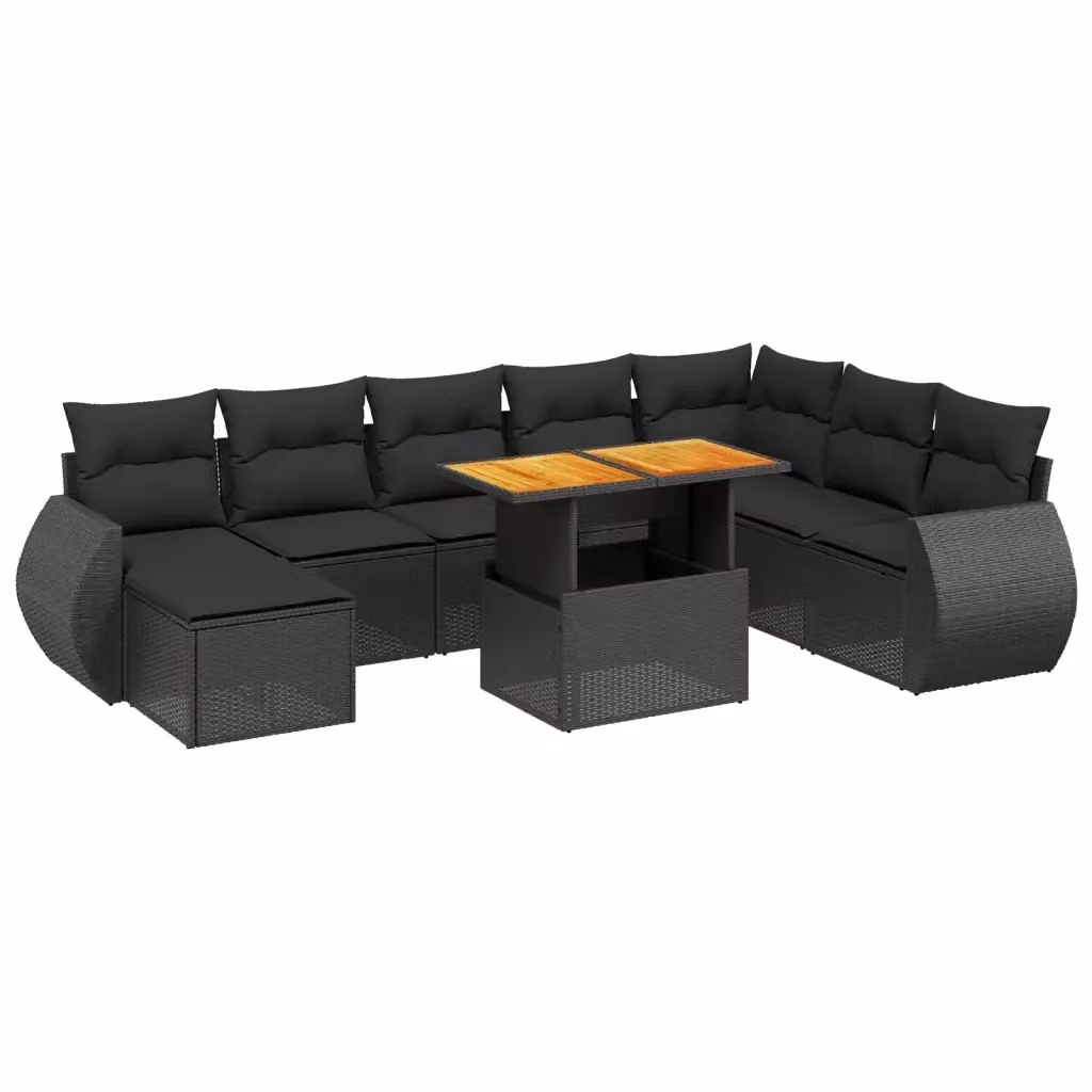 vidaXL Set Divani da Giardino 9 pz a Forma a U in Polyrattan Nero con Cuscini e Tavolino da Esterno – 2