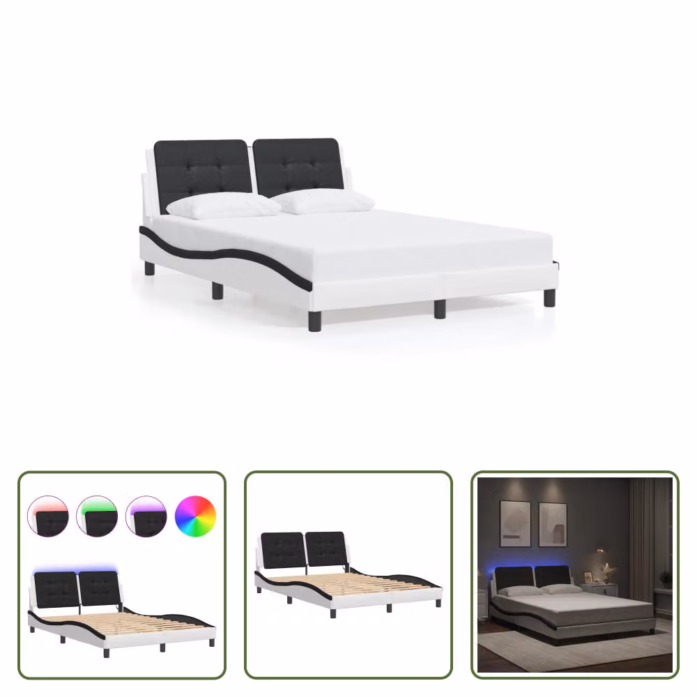 The Living Store Struttura letto con LED bianco e nero 140x190 cm in ecopelle