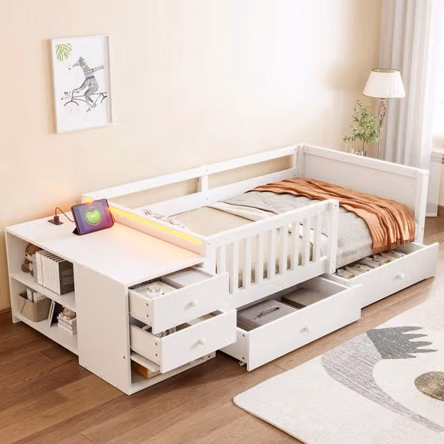 Letto per bambini ¨C Minimal ¨C Bianco 90x200cm con cassetti ripiani spina e luci LED