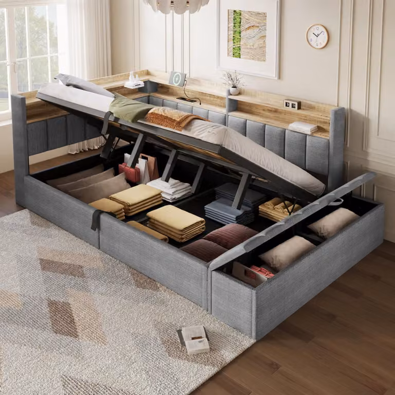 Divano letto Flieks 140x200 cm con poggiatesta, divano letto giornaliero con USB e LED, letto imbottito idraulico per ragazzi con spazio contenitivo, letto matrimoniale in velluto, grigio