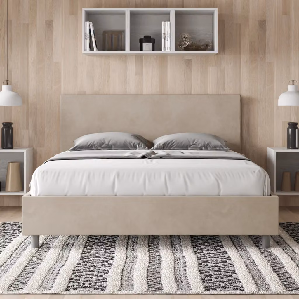 Letto Matrimoniale Adele con Contenitore e Rete con Alzata Imbottito in Microfibra Colore Sabbia L/P/H: 160 x 210 x 106 cm – 2