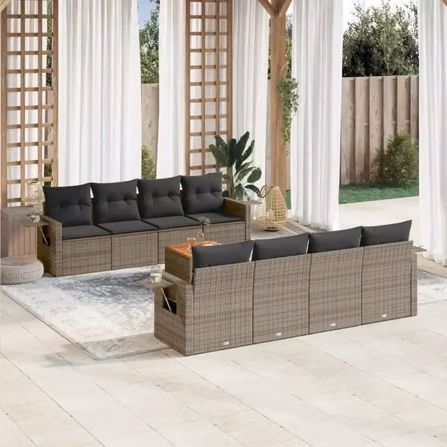 Set Divano da Giardino 9 pz con Cuscini Grigio in Polyrattan 3224485