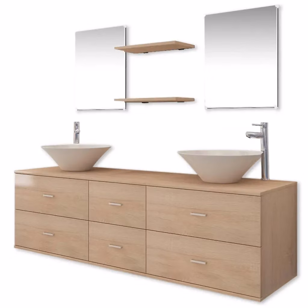 vidaXL Set Mobili da Bagno Moderno 9 Pezzi in Legno e Metallo Beige, Bianco e Argento con Mobile Lavabo e Armadietto Specchio – 2