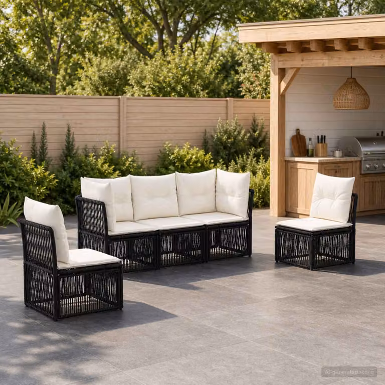 Set Divano da Giardino a L vidaXL in Polyrattan Nero con Cuscini Imbottiti e Struttura in Acciaio