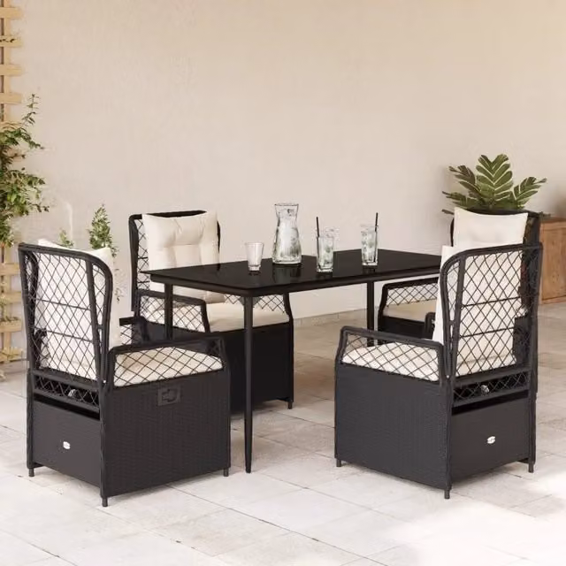Set da Pranzo da Giardino 5 pz Nero con Cuscini in Polyrattan