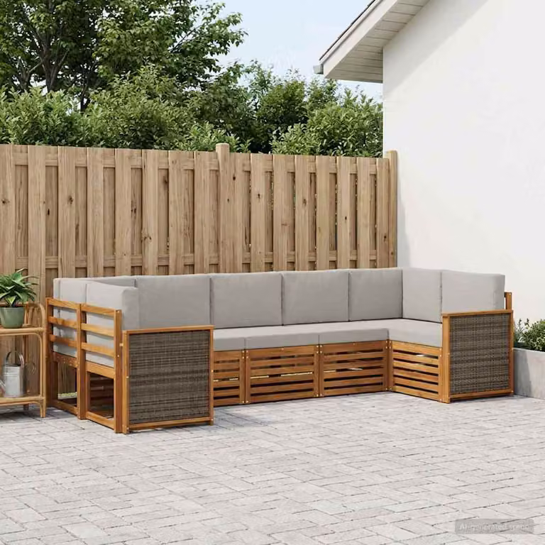 Set di divani da esterno vidaXL a forma di L in legno di acacia con cuscini, 6 pezzi, Beige, Grigio e Marrone