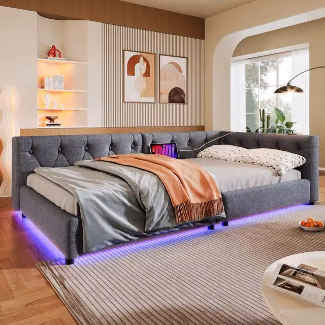 Letto Mivray moderno in tessuto grigio con illuminazione sottostante e porte USB, L/P: 90 x 200 cm
