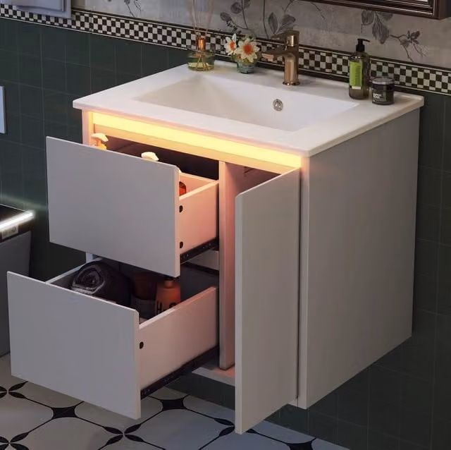 Mobile lavabo sospeso bianco lucido con illuminazione LED e cassetti soft-close L: 61 cm, P: 46,5 cm, H: 57 cm