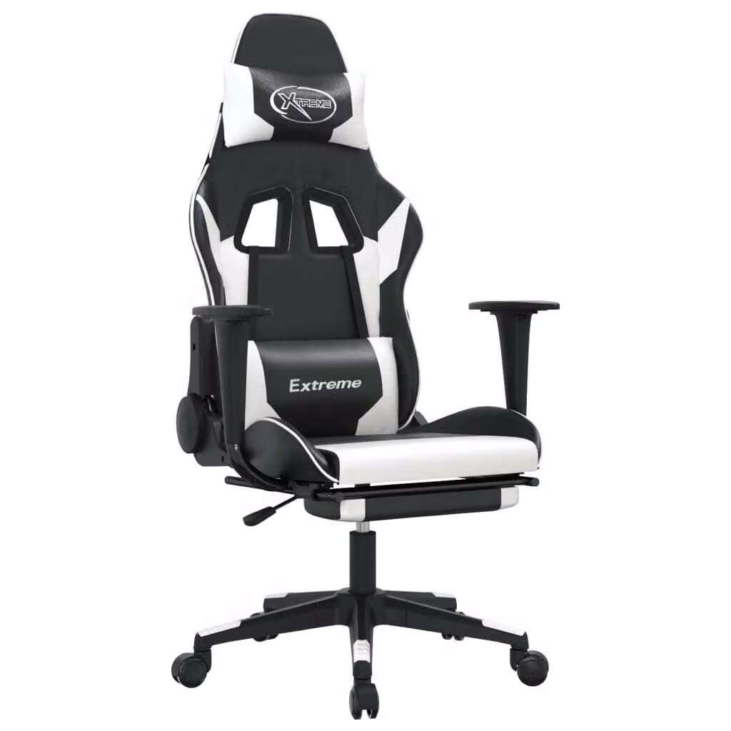 Sedia Gaming Massaggiante Poggiapiedi Nero e Bianco Pelle finta