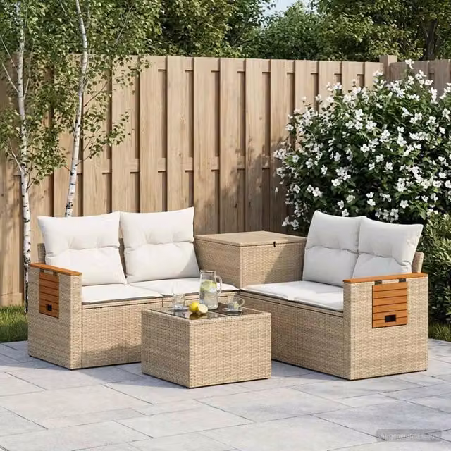 Set di divani da giardino vidaXL in polyrattan con forma a L, colore beige e bianco, composto da 6 pezzi con tavolino da caffè e pouf coordinato – 1