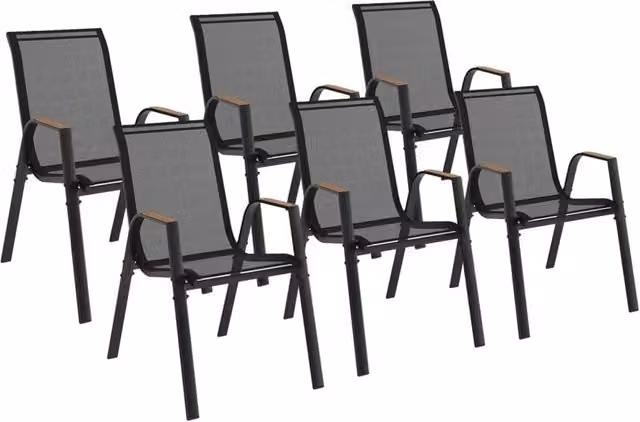 Set di 6 sedie da giardino impilabili NOUMEA IDMarket in metallo e textilene, nero e legno – 1