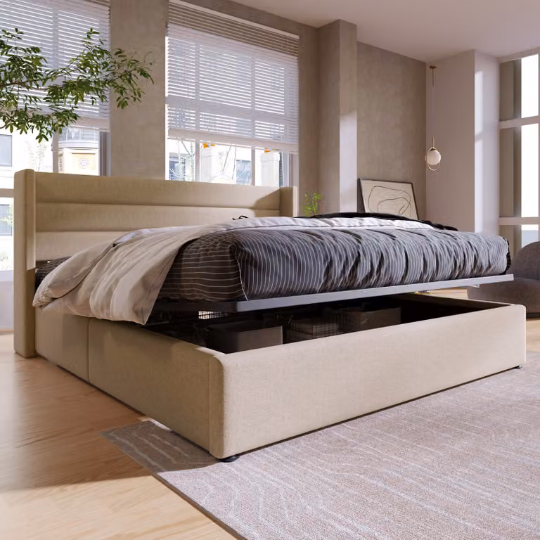 Letto Merax a molle idrauliche 140x200cm letto imbottito con rete, rete a doghe in legno e struttura in metallo, letto contenitore letto matrimoniale in lino, beige