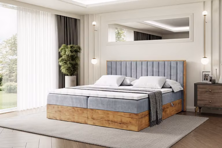 Letto boxspring ALTDECOR con materasso e rete a doghe, topper, pediera, letto imbottito con contenitore, letto con spazio contenitivo e materasso H3, letto matrimoniale, letto boxspring - LOLLI4 - 200x200 - Grigio Casablanca