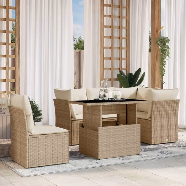 Set Divano da Giardino vidaXL 6 pz a Forma a L con Cuscini Beige e Tavolino in Vetro