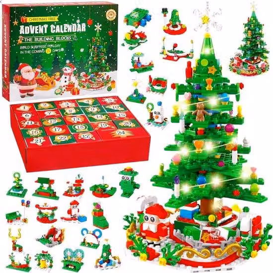 Calendario dell'Avvento 2025 per bambini - Calendario dell'Avvento con mattoncini da costruzione - Set di costruzioni per bambini con luci - Giocattolo per costruire l'albero di Natale - 701 pezzi di mattoncini a incastro - Regalo di Natale - Giocattolo p