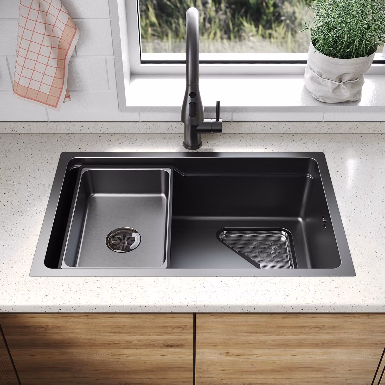 SONNI - Lavello quadrato a bordo sottile, 70 x 43 x 24 cm, nero, con griglia triangolare, scolapiatti e rubinetto