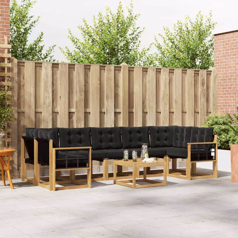 Set di divani da esterno vidaXL a forma di U composto da 8 pezzi con tavolo da caffè, realizzato in legno di acacia trattato e tessuto textilene, colori bianco, nero e marrone