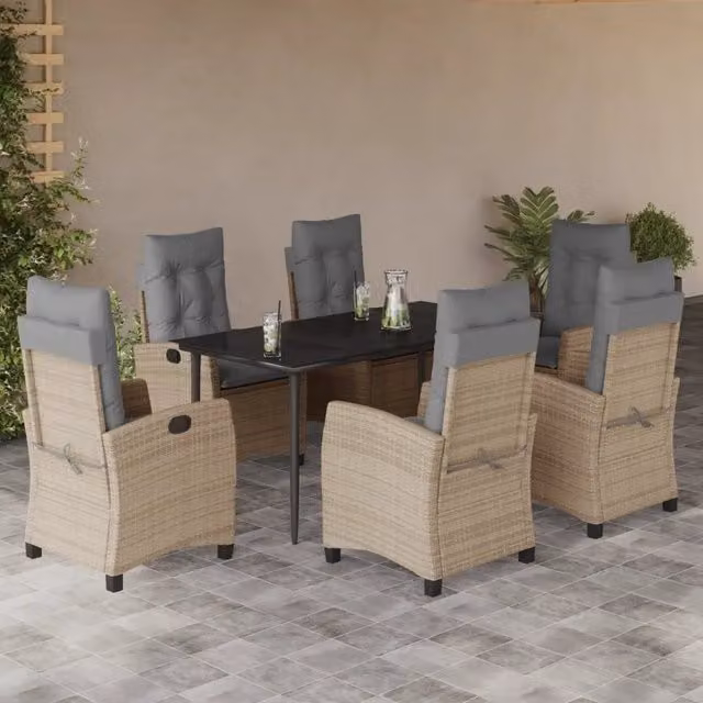 Set da giardino VIDAXL composto da 7 pezzi con tavolo rettangolare in vetro e sedie con cuscini nei colori nero, beige e grigio
