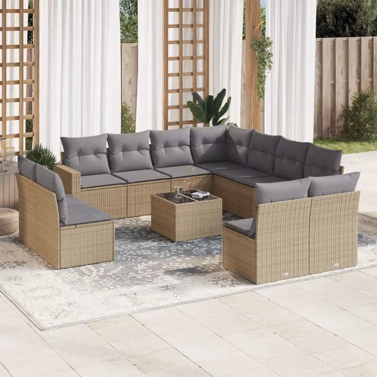 vidaXL Set Divani da Giardino a Forma di U con Cuscini Beige e Tavolino da Esterno in Polyrattan e Acciaio