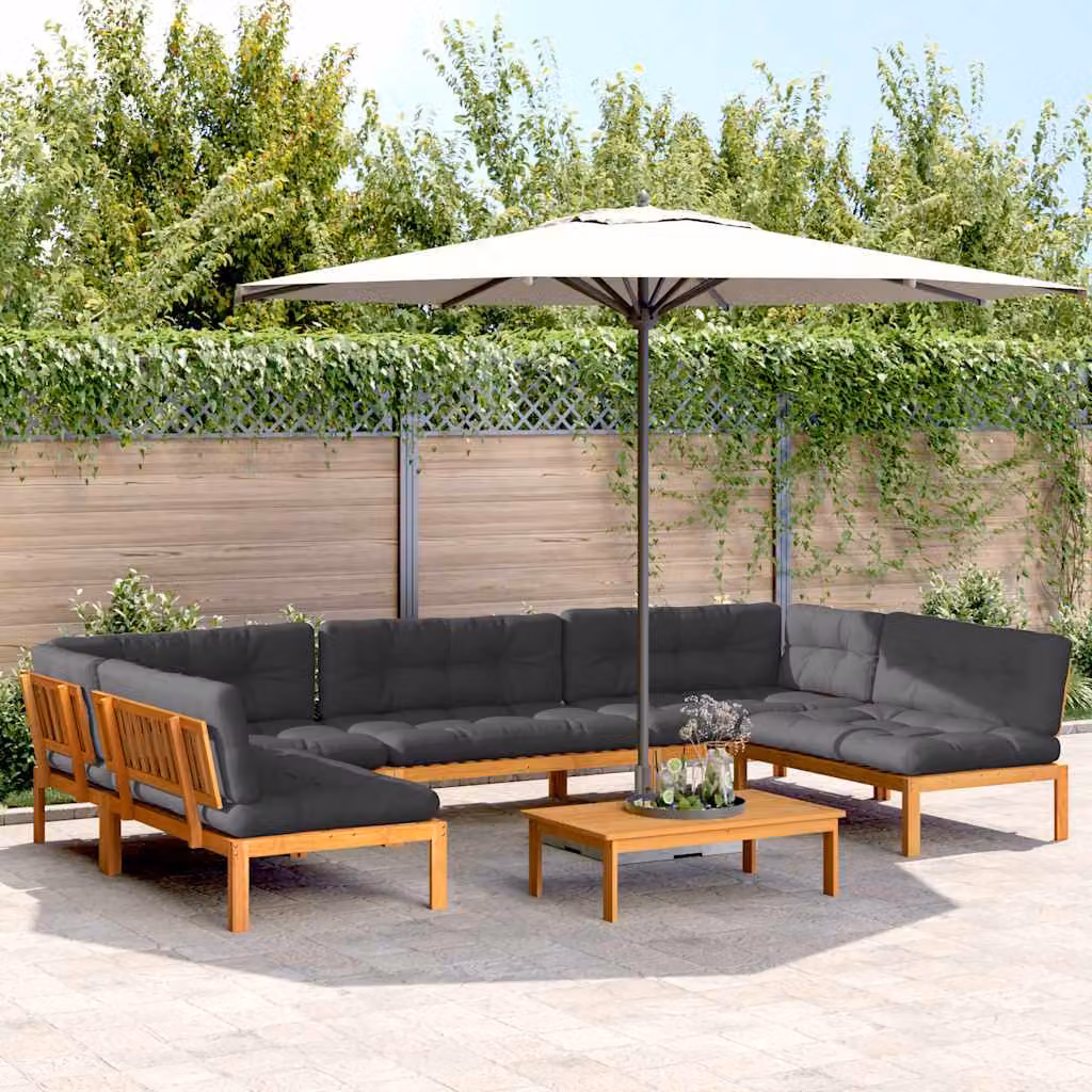 Set Divano Pallet da Giardino vidaXL in Legno di Acacia con Cuscini e Tavolino da Esterno, 6 Pezzi, L Shape, Colore Marrone, Antracite e Grigio