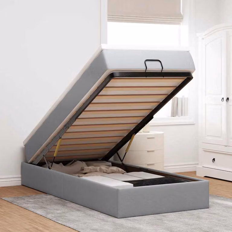 vidaXL Struttura Letto con Materasso e Pouf in Tessuto con Base a Sollevamento, L/P/H: 90 x 190 x 23,5 cm, Grigio e Bianco
