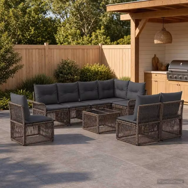 Set Divano da Giardino a Forma di U vidaXL in Polyrattan Grigio con Cuscini e Tavolino