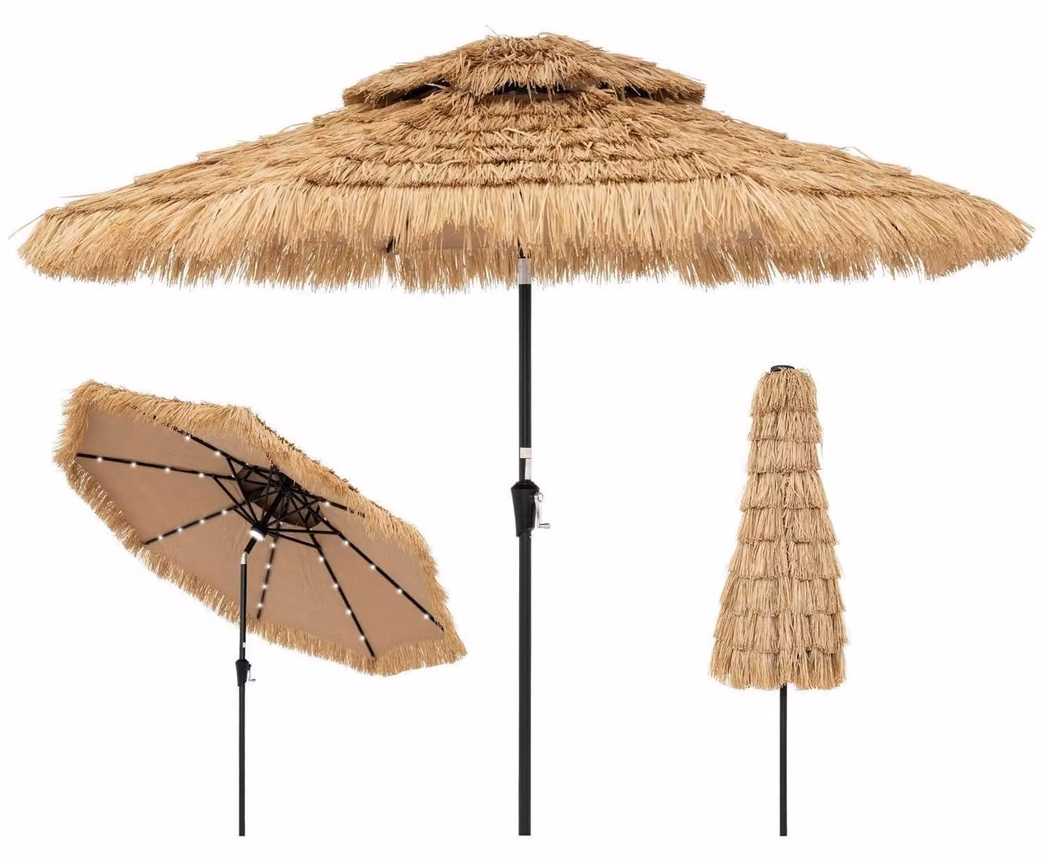Ombrellone Hawaii da 270 cm con illuminazione a LED, realizzato in materiale simile al paglia, con tetto a doppio strato, funzione di inclinazione e resistente ai raggi UV
