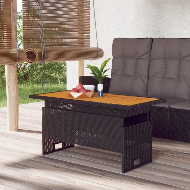 The Living Store tavolo da giardino nero 100x50x43/63 cm in legno di acacia e poly rattan