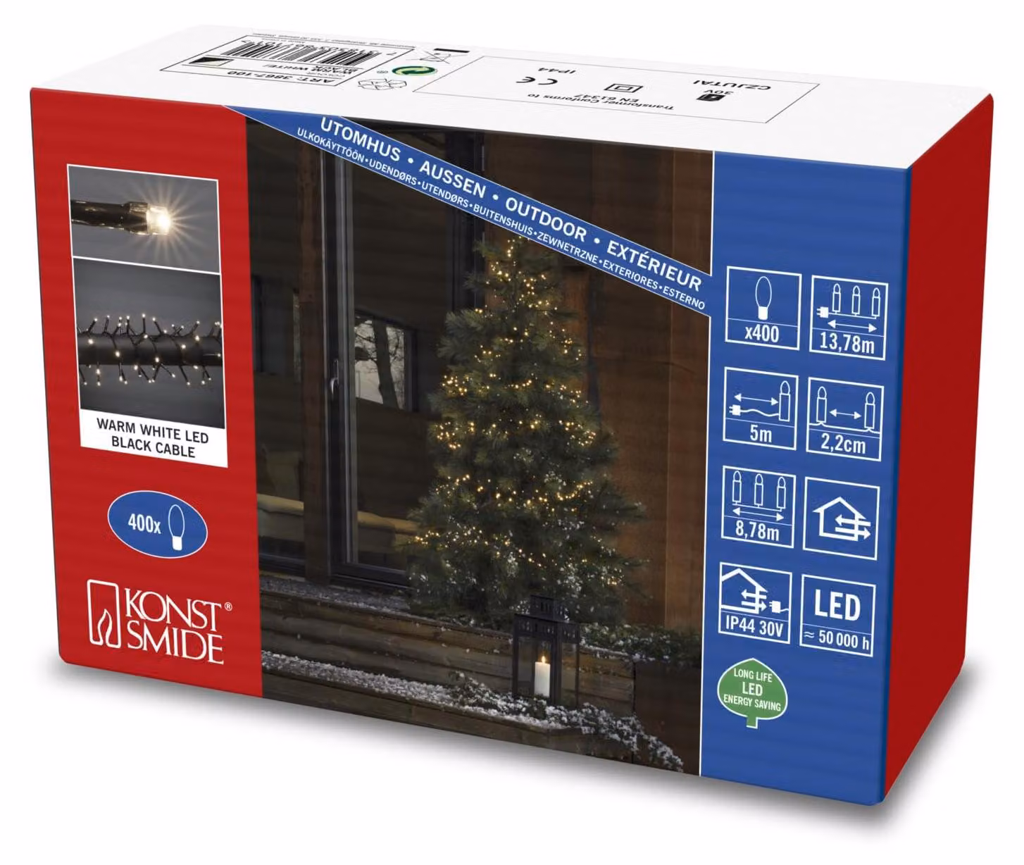 Catena luminosa a LED, 400 diodi a luce bianco caldo, 30V, grado di protezione IP44, 6W, colore nero