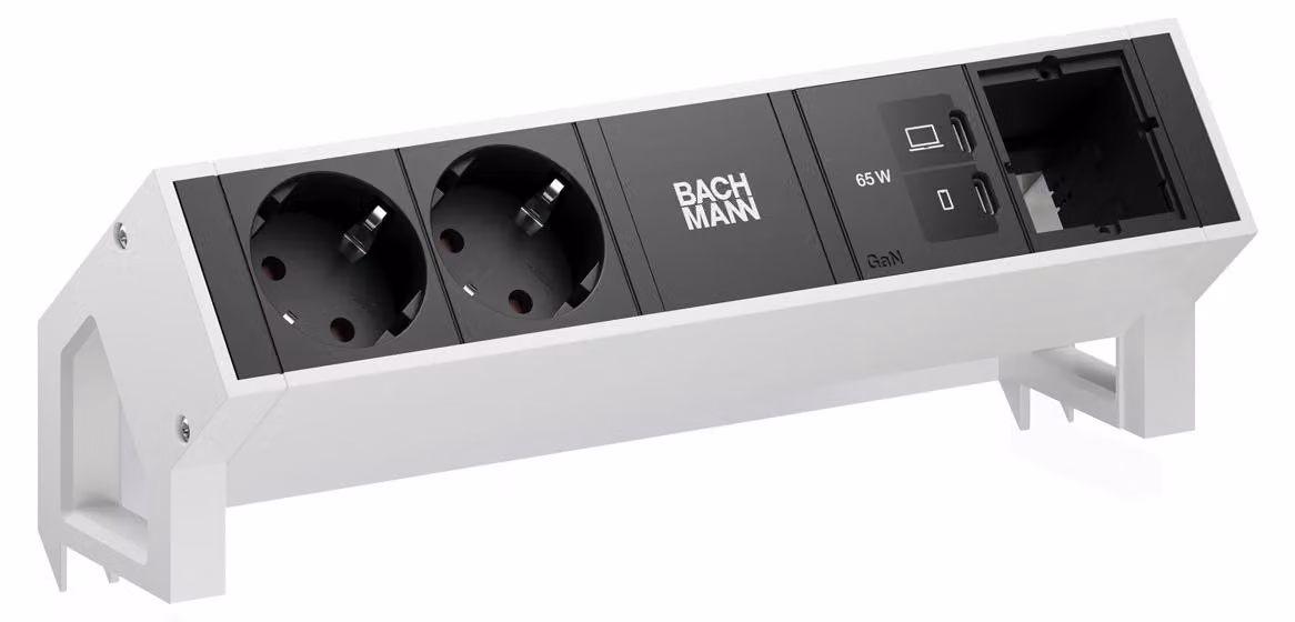 Scrivania BACHMANN DESK2, con 2 prese CEE7/3, 1 porta USB-C con alimentazione da 65W, e 1 cavo di alimentazione CM di lunghezza 0,2 metri, colore RAL9010